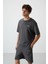Haki Pamuklu Kalın Yumuşak Dokulu Oversize Fit Nakışlı Erkek Şort Takım - 85250 3