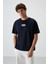 Lacivert Pamuklu Kalın Yüzeyi Dokulu Oversize Fit Baskılı Erkek T-Shirt - 88367 1