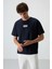 Lacivert Pamuklu Kalın Yüzeyi Dokulu Oversize Fit Baskılı Erkek T-Shirt - 88367 4