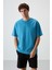 Petrol Mavi Pamuklu Kalın Yüzeyi Dokulu Oversize Fit Baskılı Erkek T-Shirt - 88369 4