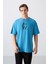 Petrol Mavi Pamuklu Kalın Yumuşak Dokulu Oversize Fit Baskılı Erkek T-Shirt - 88332 1