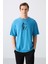 Petrol Mavi Pamuklu Kalın Yumuşak Dokulu Oversize Fit Baskılı Erkek T-Shirt - 88332 4