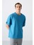 Petrol Mavi Pamuklu Kalın Yüzeyi Dokulu Oversize Fit Basic Erkek T-Shirt - 88339 2