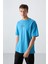 Petrol Mavi Pamuklu Kalın Yumuşak Dokulu Oversize Fit Baskılı Erkek T-Shirt - 88325 1
