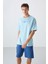 Açık Mavi Pamuklu Kalın Yumuşak Dokulu Oversize Fit Baskılı Erkek T-Shirt - 88321 1