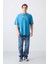 Petrol Mavi Pamuklu Kalın Yumuşak Dokulu Oversize Fit Baskılı Erkek T-Shirt - 88326 2