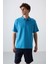Petrol Mavi Pamuklu Kalın Yumuşak Dokulu Oversize Fit Basic Polo Yaka Erkek T-Shirt - 88327 1