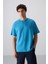 Petrol Mavi Pamuklu Kalın Yumuşak Dokulu Oversize Fit Baskılı Erkek T-Shirt - 88324 1