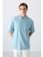 Açık Mavi Pamuklu Kalın Yüzeyi Dokulu Oversize Fit Basic Erkek T-Shirt - 88335 1