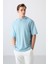 Açık Mavi Pamuklu Kalın Yüzeyi Dokulu Oversize Fit Basic Erkek T-Shirt - 88335 4
