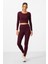 Bordo Yüksek Bel Uzun Kollu Slim Fit Crop Top Kadın Tayt Takım - 95286 1