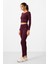 Bordo Yüksek Bel Uzun Kollu Slim Fit Crop Top Kadın Tayt Takım - 95286 3