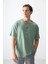 Açık Yeşil %100 Pamuk Kalın Yumuşak Dokulu Oversize Fit Baskılı Erkek T-Shirt - 88355 1