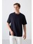Lacivert Pamuklu Kalın Yumuşak Dokulu Oversize Fit Basic Erkek T-Shirt - 88349 1