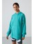 Deniz Yeşili Balon Kol Yazı Nakışlı Kadın Oversize Tunik Sweatshirt - 97163 1