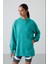 Deniz Yeşili Balon Kol Yazı Nakışlı Kadın Oversize Tunik Sweatshirt - 97163 5