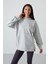 Gri Melanj Balon Kol Yazı Nakışlı Kadın Oversize Tunik Sweatshirt - 97163 1