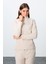Bej Kalın Yumuşak Dokulu Dik Yaka Oversize Nakışlı Polar Kadın Eşofman Takım -95339 2