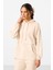 Bej Yumuşak Dokulu Kapüşonlu Oversize Kadın Eşofman Tunik Takım - 95348 2