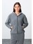 Gri Melanj Kalın Yumuşak Dokulu Kapüşonlu Oversize Nakışlı Polar Kadın Eşofman Takım -95338 2