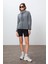 Gri Melanj Kalın Yumuşak Dokulu Kapüşonlu Standart Fit Nakışlı Polar Kadın Sweatshirt -97287 2