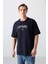 Lacivert Pamuklu Kalın Yumuşak Dokulu Oversize Fit Baskılı Erkek T-Shirt - 88320 1