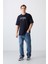 Lacivert Pamuklu Kalın Yumuşak Dokulu Oversize Fit Baskılı Erkek T-Shirt - 88320 2