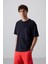 Lacivert Pamuklu Kalın Yüzeyi Dokulu Oversize Fit Basic Erkek T-Shirt - 88341 1