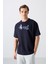 Lacivert Pamuklu Kalın Yumuşak Dokulu Oversize Fit Baskılı Erkek T-Shirt - 88344 1