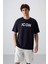 Lacivert Pamuklu Kalın Yumuşak Dokulu Oversize Fit Baskılı Erkek T-Shirt - 88331 1