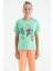 Su Yeşili Renki Yazı Baskılı O Yaka Oversize Kısa Kollu Kız Çocuk T-Shirt - 75112 1