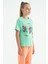 Su Yeşili Renki Yazı Baskılı O Yaka Oversize Kısa Kollu Kız Çocuk T-Shirt - 75112 3