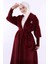Bel Kuşaklı Yaka Taş Broş Detaylı Uzun Kaban 7923 Bordo 4