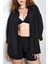 Siyah Modal Kumaş Oversize Gömlek/şort Alt-Üst Takım 27376 2