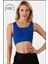 Kadın Mavi Spor Büstiyer Crop Halter Yaka Pedli Toparlayıcı Likralı Dalgıç Havuz Denize Uygun 3