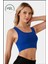 Kadın Mavi Spor Büstiyer Crop Halter Yaka Pedli Toparlayıcı Likralı Dalgıç Havuz Denize Uygun 4