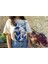 Özel Çini Mavi Tasarım Baskılı Kadın Beyaz Pamuk T-Shirt 1