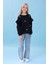 Kız Çocuk Fırfır Detaylı Çiçek Işlemeli Şardonlu Oversize Sweatshirt - Siyah 1