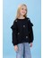 Kız Çocuk Fırfır Detaylı Çiçek Işlemeli Şardonlu Oversize Sweatshirt - Siyah 4