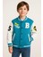 Unisex Çocuk Pamuklu Turkuaz Beyaz Kolej Ceket - Harf ve Baskı Detaylı Bomber Mont 2