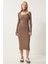 Cut Out Detaylı Dik Yaka Fitilli Triko Elbise LFN0089 Vizon 2