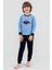Erkek Çocuk Pamuklu Bisiklet Yaka Dinazor Baskılı Uzun Kollu Pijama Takımı 9619-1 Mavi 3