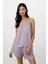 Kadın Pembe Çizgili Soft Doku Ip Askılı Üst Şort Pijama Takım 2