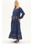 Şile Bezi Lacivert Uzun Kol Nakışlı Uzun Yazlık Elbise 2