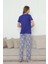 Kadın Saks Mavi 3 Düğmeli Etnik Desen Likralı Viskon Kısa Kol Pijama Takımı 3