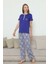 Kadın Saks Mavi 3 Düğmeli Etnik Desen Likralı Viskon Kısa Kol Pijama Takımı 4