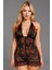 Siyah Dantel Işlemeli Gül Desenli Mini Fantezi Gecelik 3