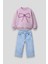 Kız Çocuk Pamuklu Pembe Fiyonk Desenli Sweat & Nakışlı Kot Pantolon Takım 1