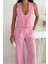 Çizgili Kumaş Yelek Takım Pembe 5
