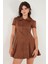 Regular Fit Fermuarlı Polo Yaka Kısa Kollu Pileli Süet Elbise Bayan Elbise 5866438 3
